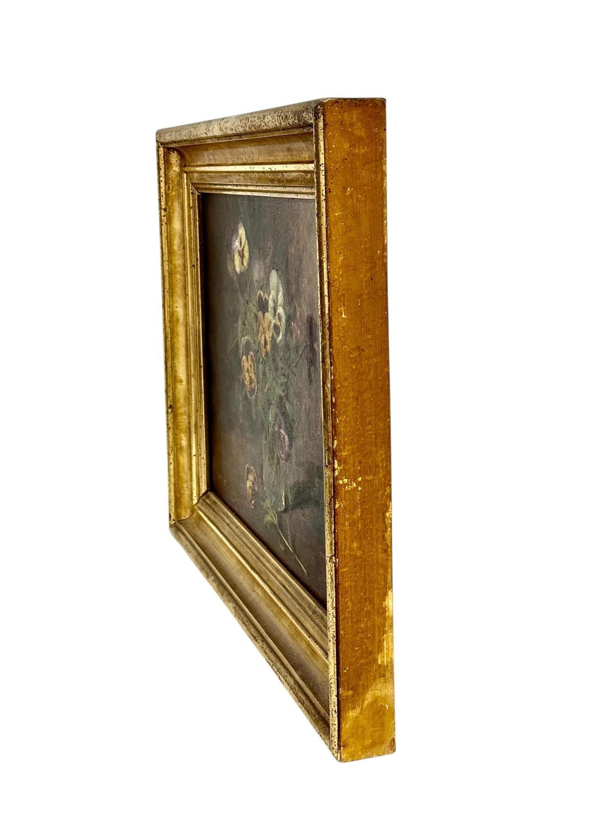 19th Century Oil Painting Of Pansies In Glass Vase With Giltwood Frame photo vinterior