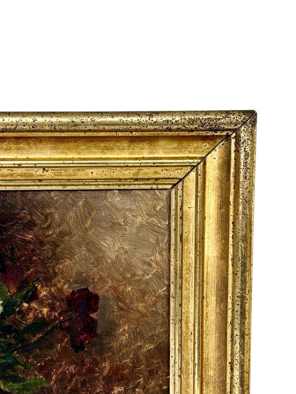 19th Century Oil Painting Of Pansies In Glass Vase With Giltwood Frame photo vintage