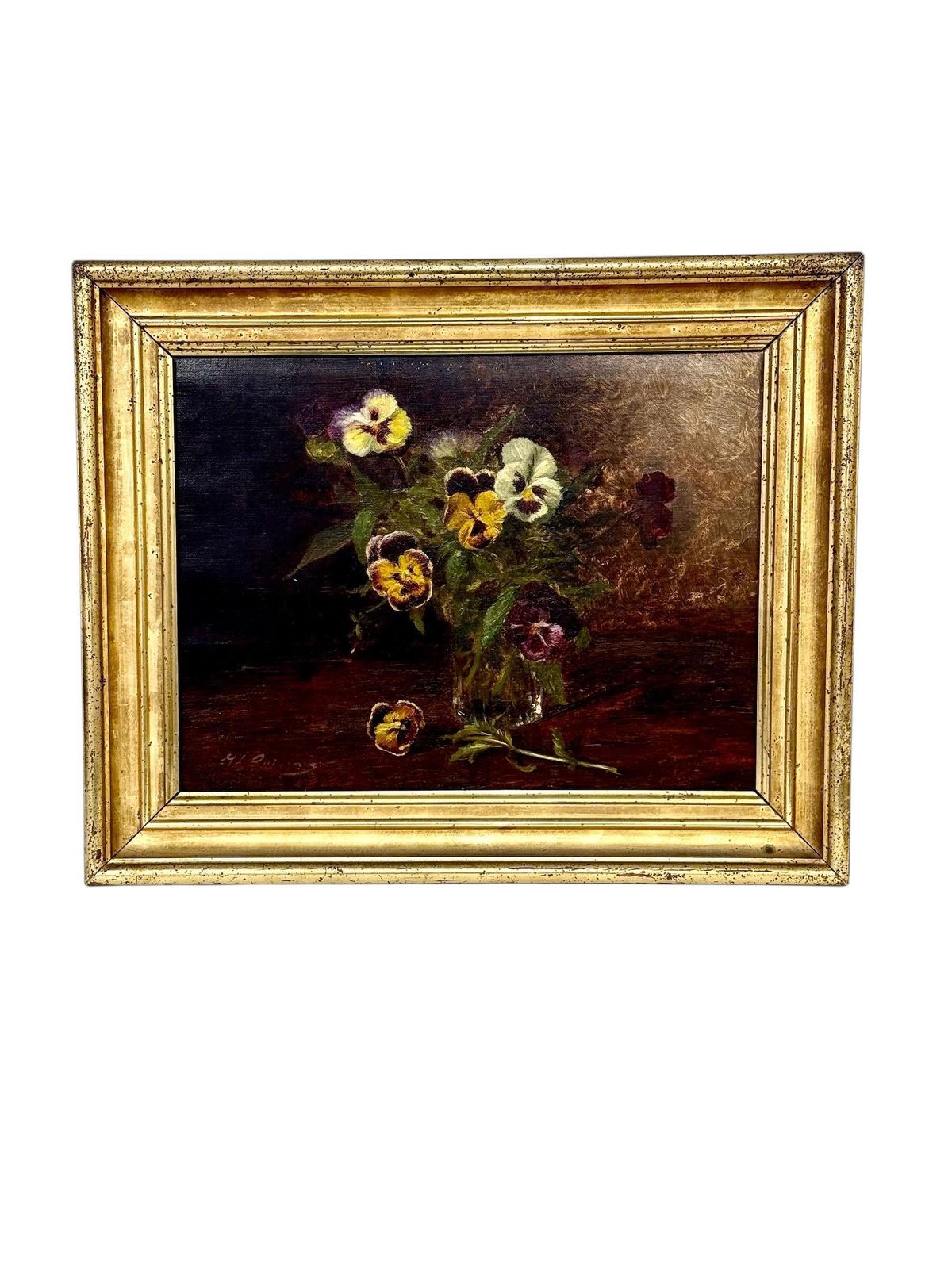 Art 19th Century Oil Painting Of Pansies In Glass Vase With Giltwood Frame photo
