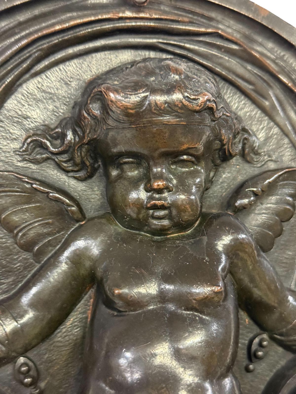 photo for sale 19th Century French Bronze Plaque With Winged Putto And Acanthus