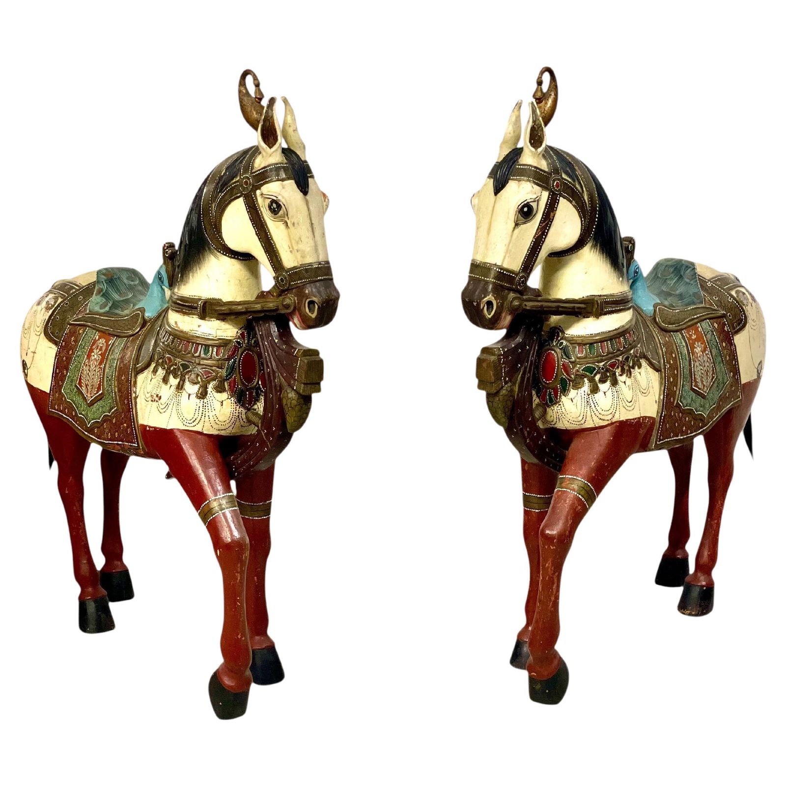 Pair Of Large Hand Painted Indian Horses With Peacock Saddles
