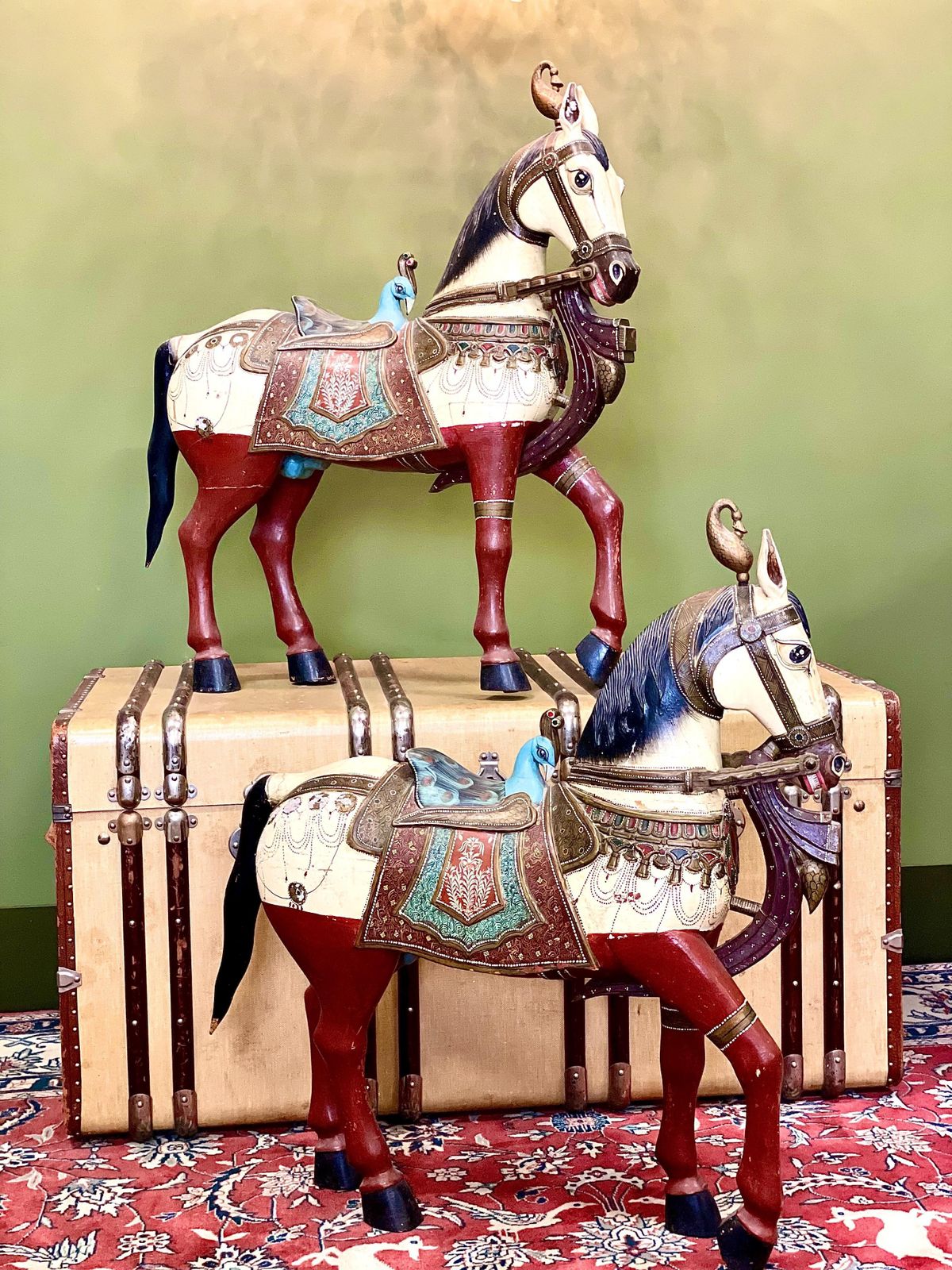 Pair Of Large Hand Painted Indian Horses With Peacock Saddles photo 3610.0