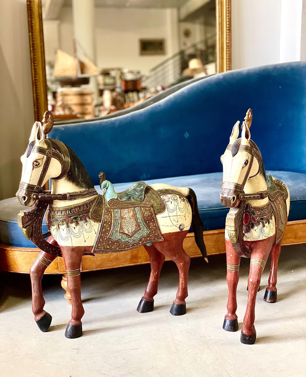 photo for sale Pair Of Large Hand Painted Indian Horses With Peacock Saddles