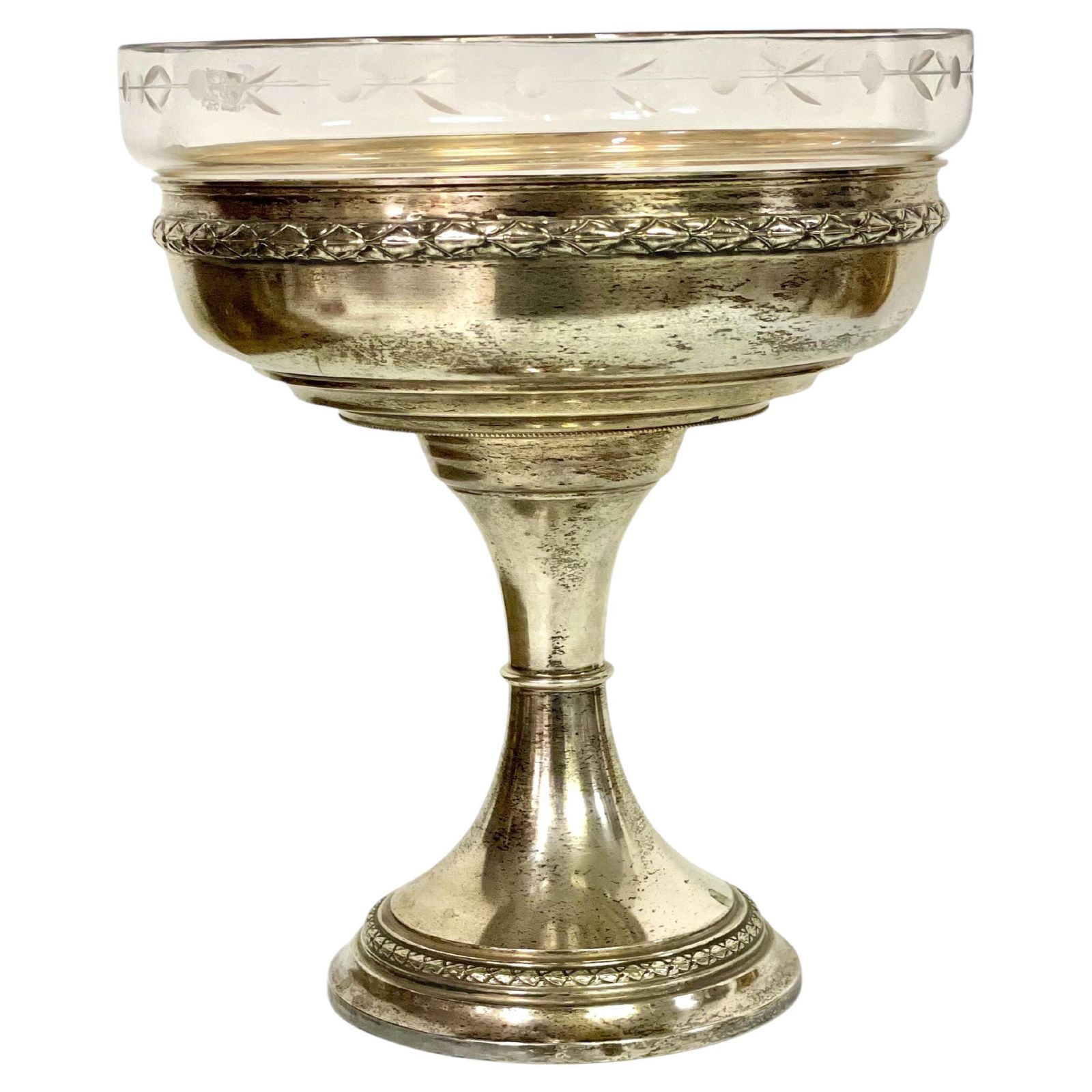 Silver Plated & Etched Crystal Footed Centerpiece Bowl, Circa 1880