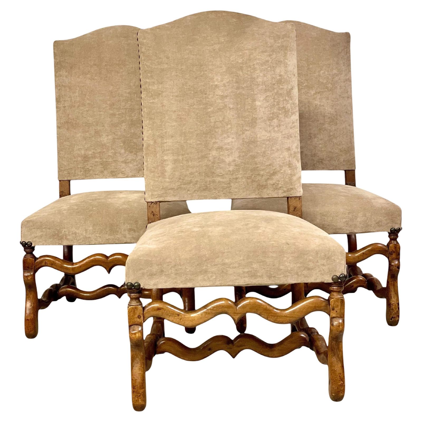 Three 17th Century Louis XIII Walnut Chairs With Velvet Upholstery