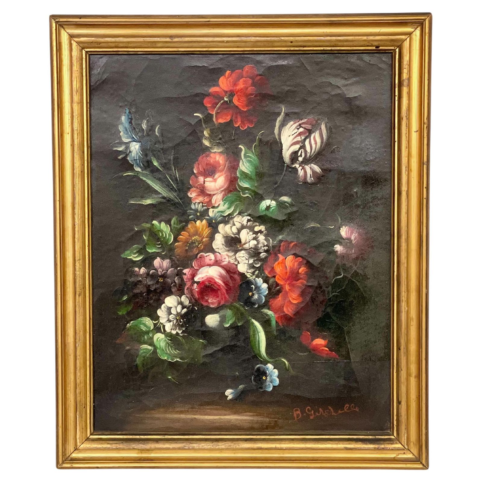 Floral Oil Painting Signed B. Girodelle, 19th Century