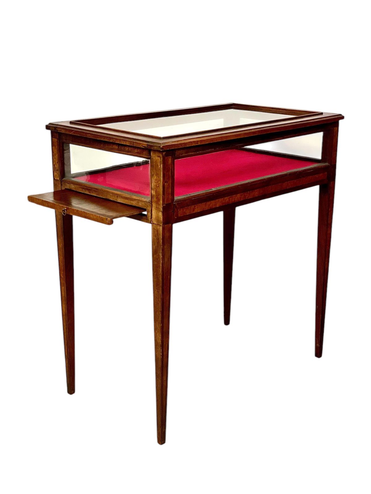 19th Century Walnut Inlaid Glass Display Table With Red Velvet Interior photo furniture
