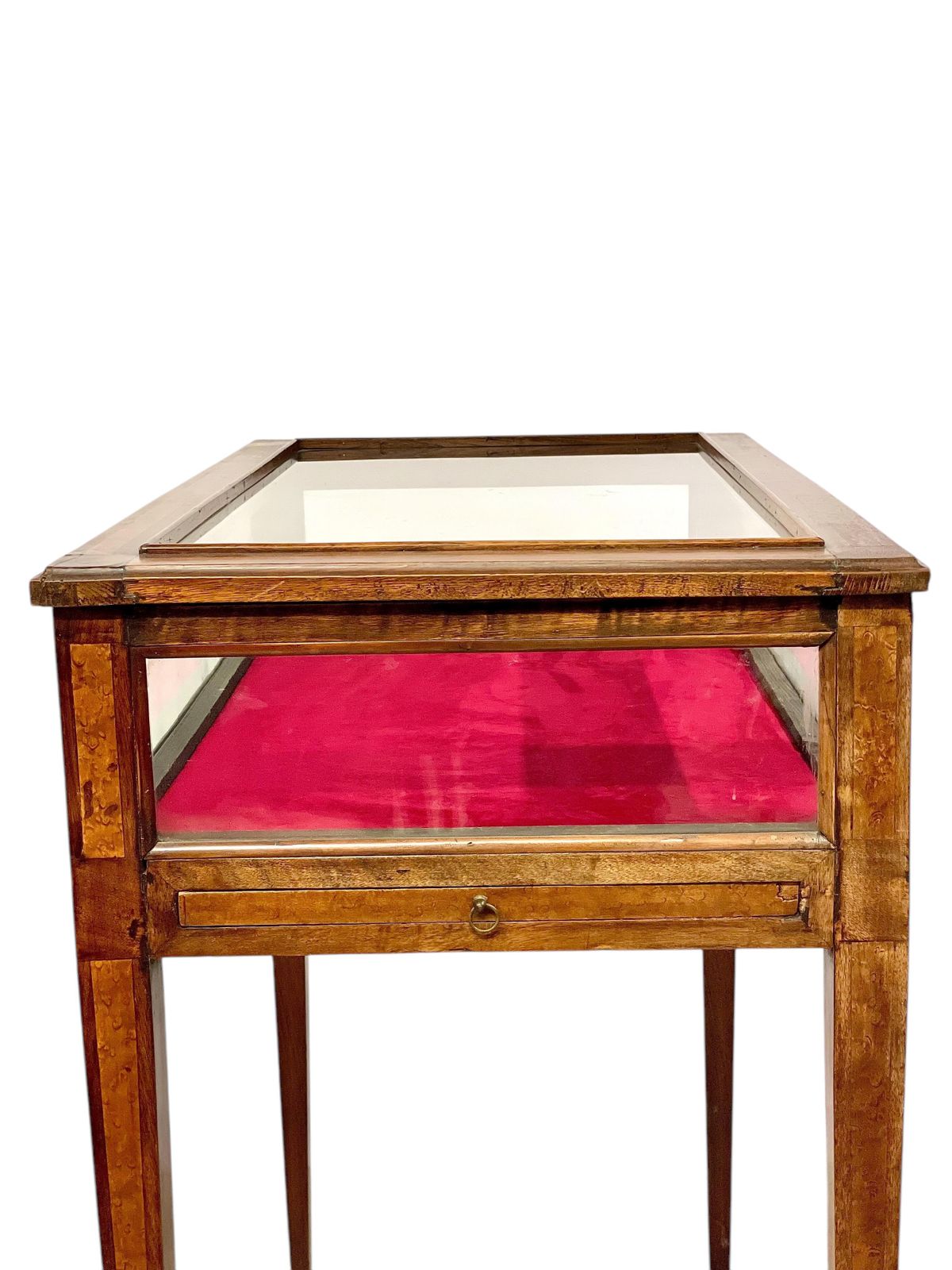 photo furniture 19th Century Walnut Inlaid Glass Display Table With Red Velvet Interior