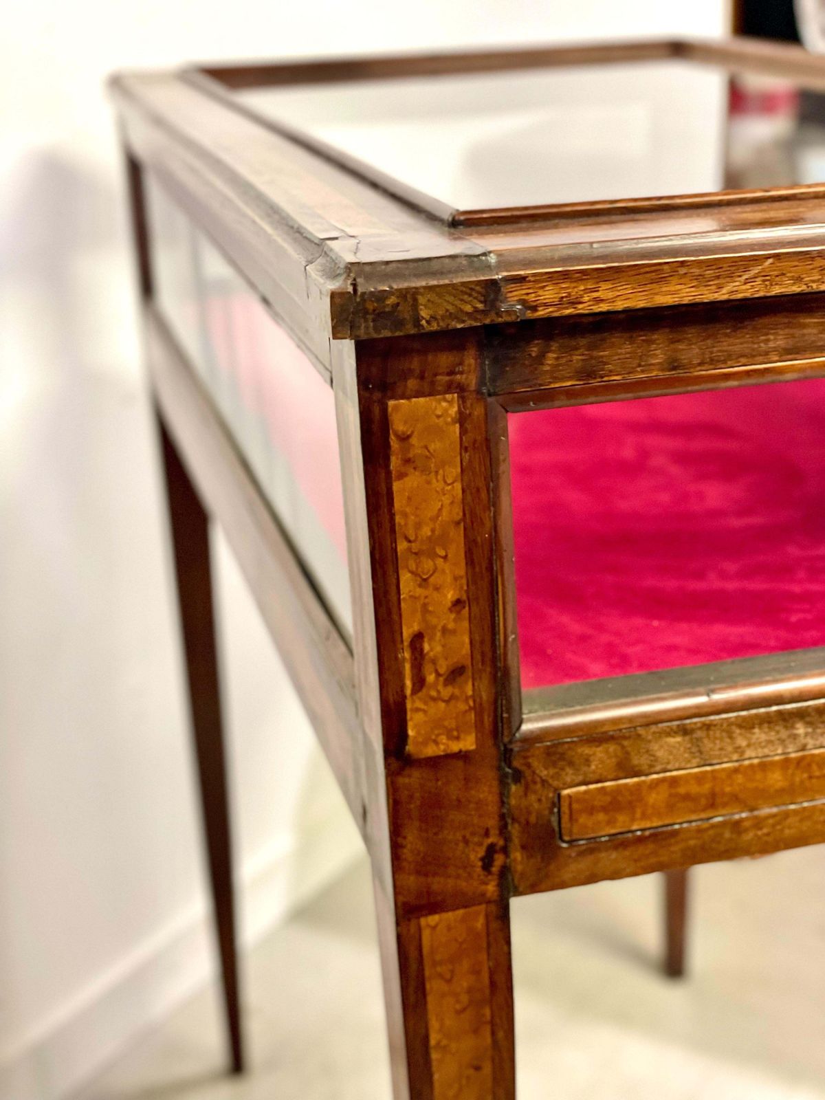 photo for sale 19th Century Walnut Inlaid Glass Display Table With Red Velvet Interior