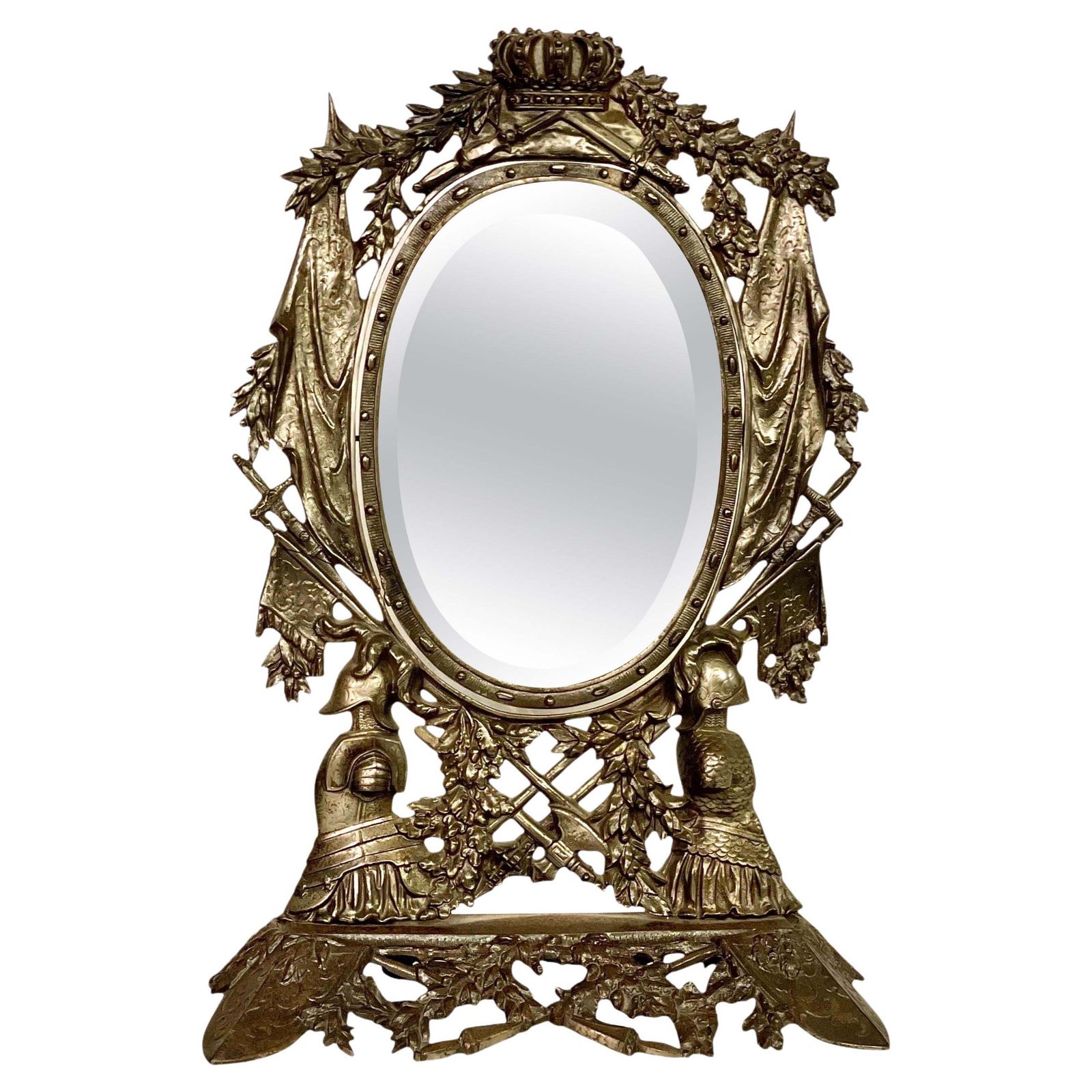 19th Century Cast And Gilt Iron Table Mirror With Heraldic And Knights Motifs