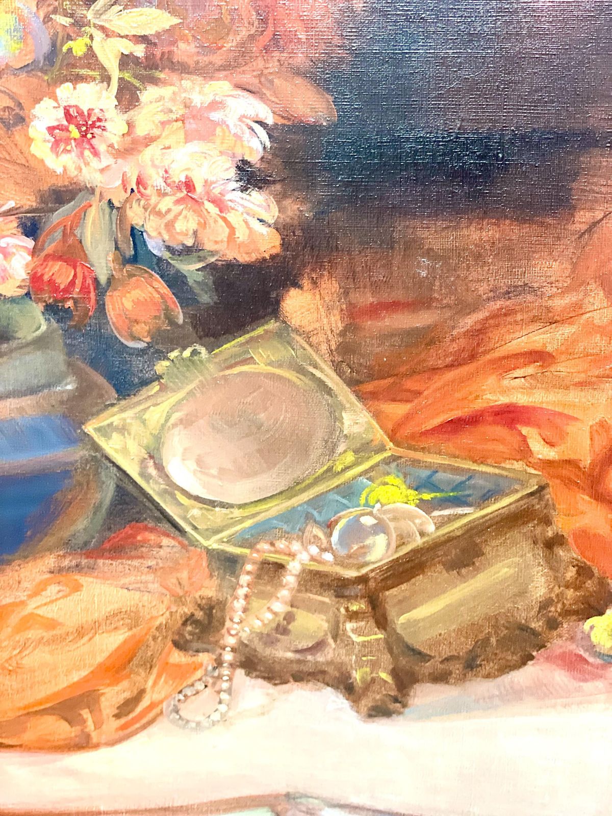 Large Still Life Painting With Flowers, Jewelry And Candelabra photo Art
