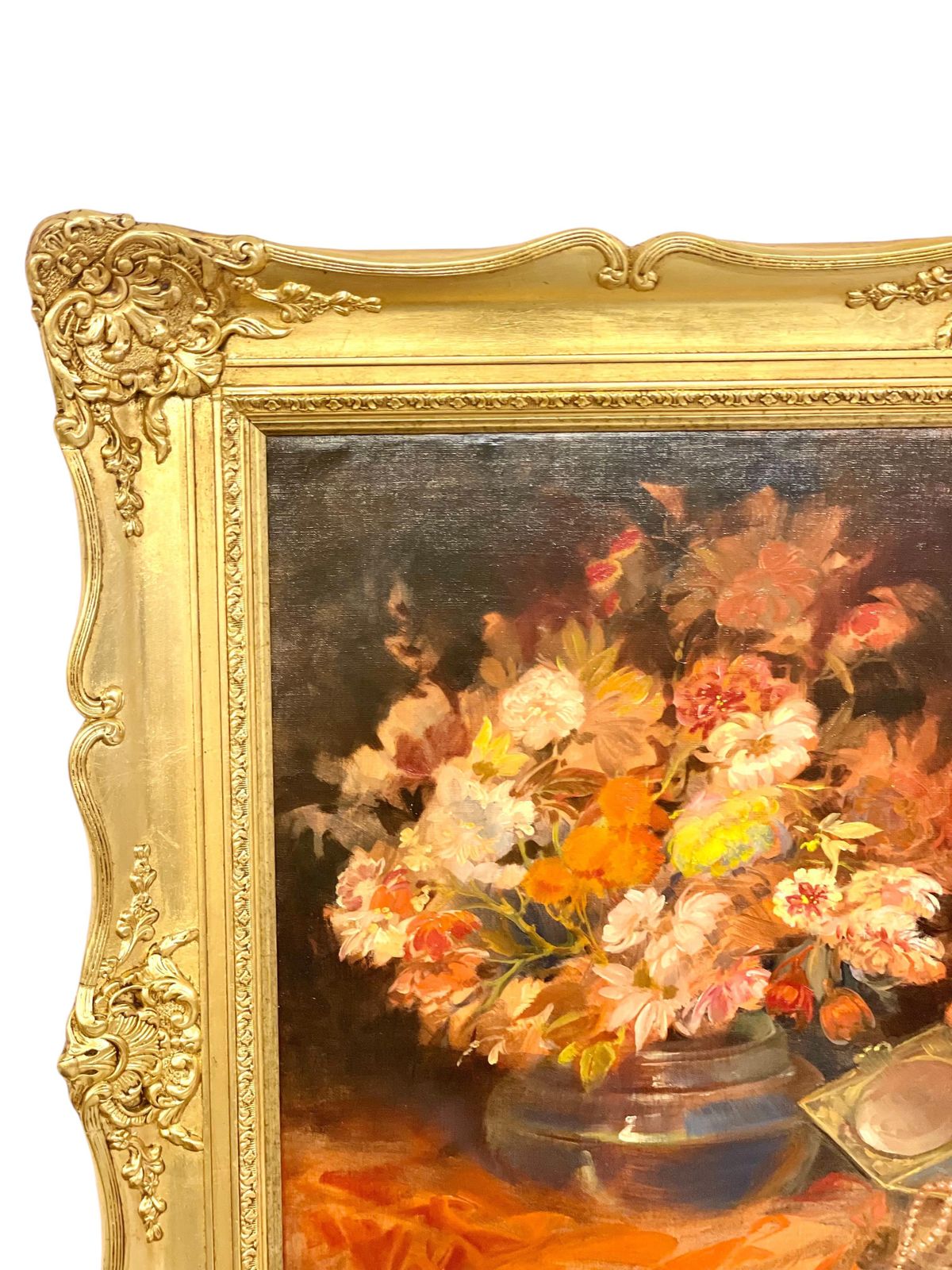Large Still Life Painting With Flowers, Jewelry And Candelabra photo buy