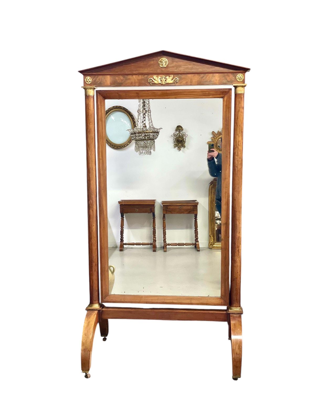 photo for sale Rare Imposing First Empire Walnut And Gilt Bronze Cheval Mirror