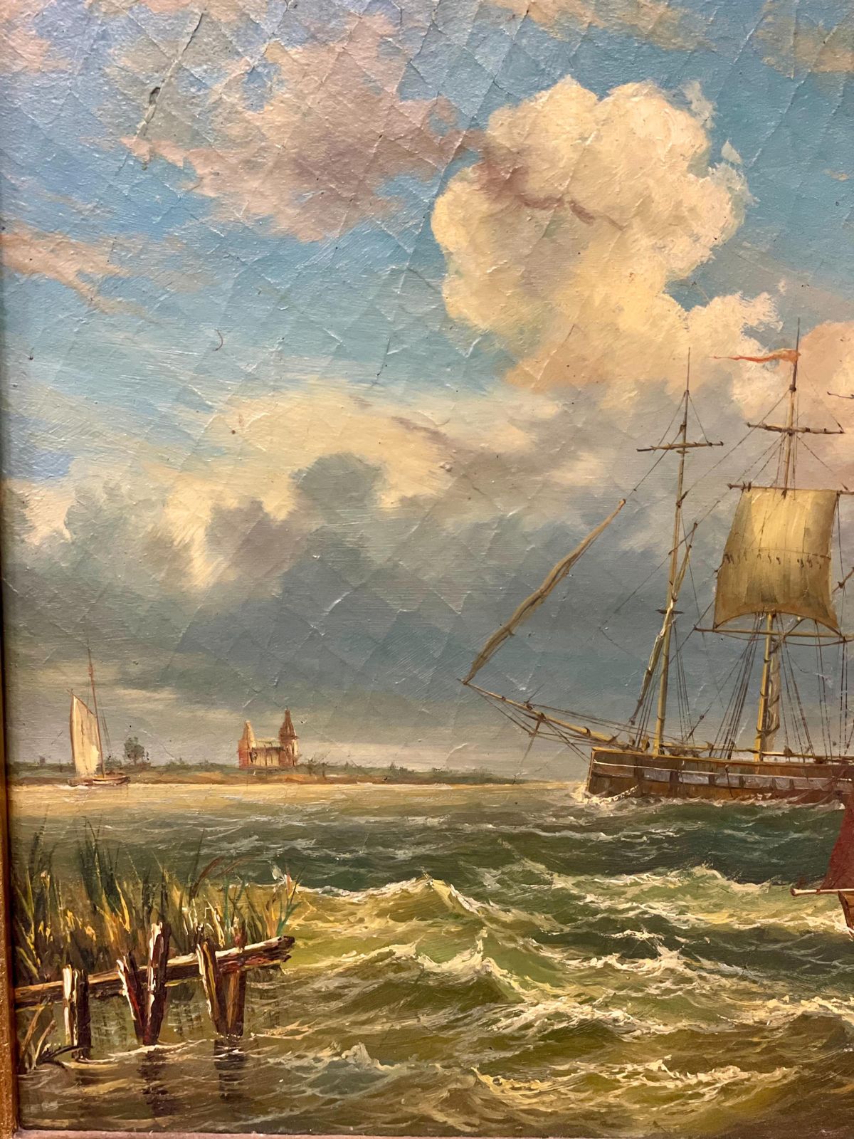 19th Century Gilded Trumeau Mirror With Maritime Painting photo for sale
