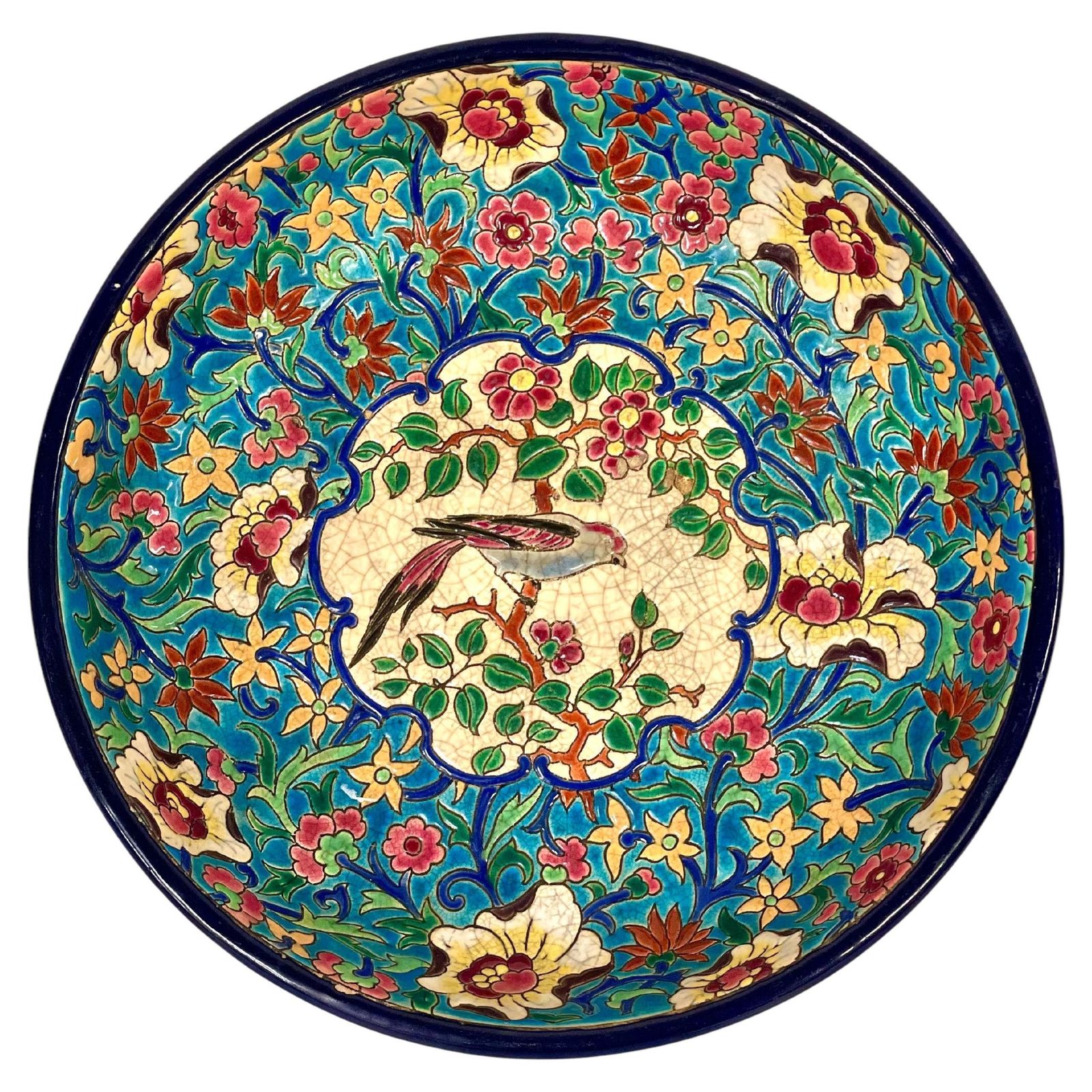 19th Century Longwy Large Enamel Bowl With Floral And Bird Motifs
