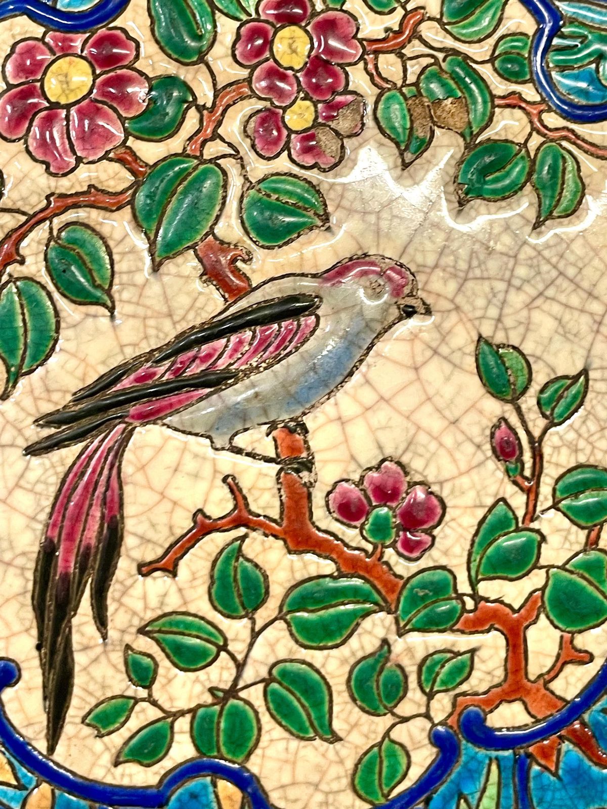 photo vinterior 19th Century Longwy Large Enamel Bowl With Floral And Bird Motifs