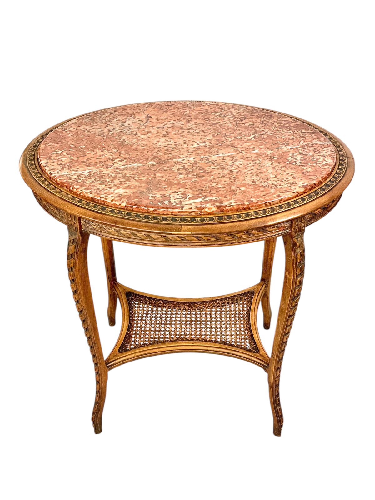 19th Century French Walnut Gueridon With Pink Marble Top And Caned Shelf photo for sale