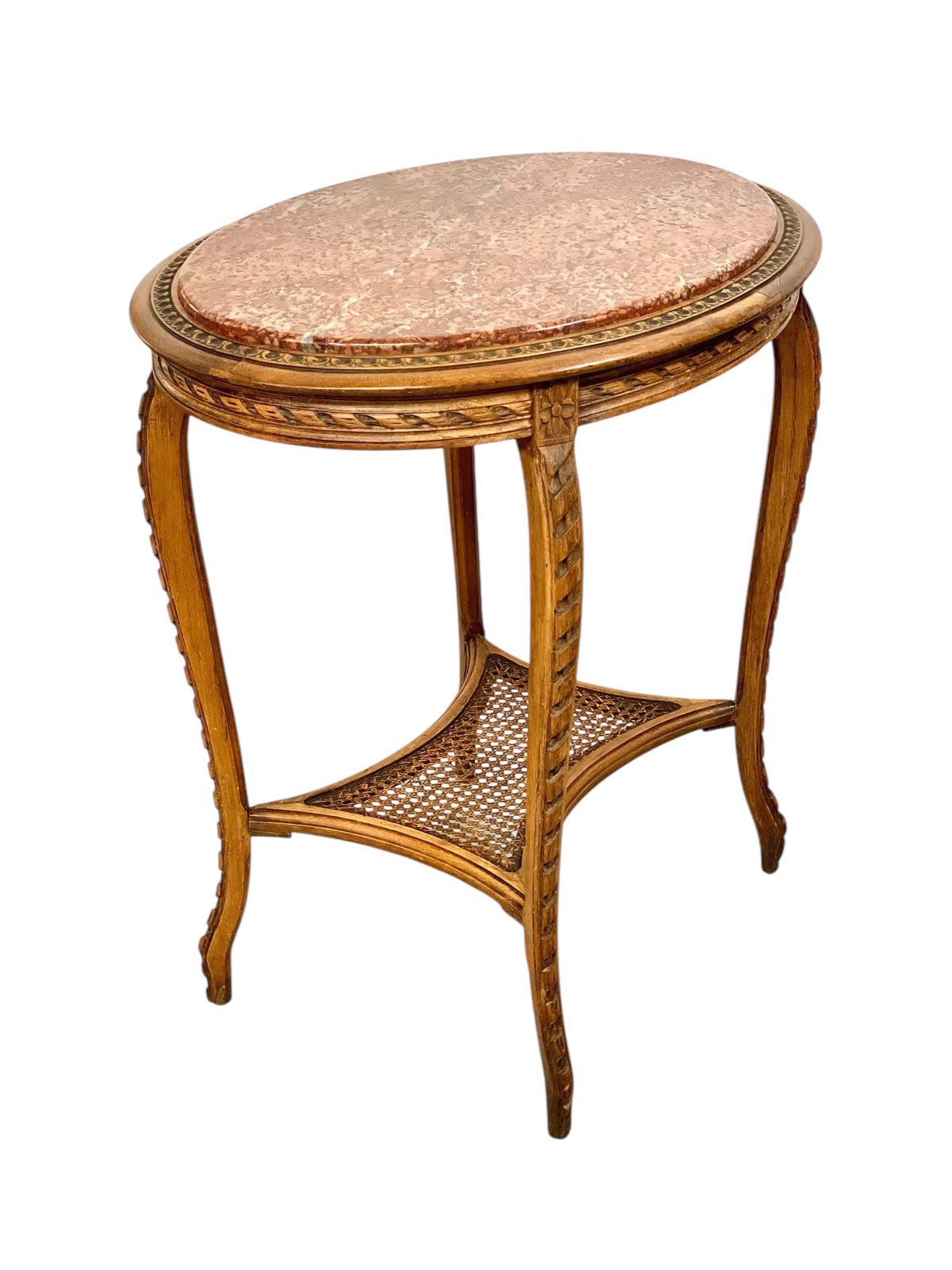 19th Century French Walnut Gueridon With Pink Marble Top And Caned Shelf photo Furniture