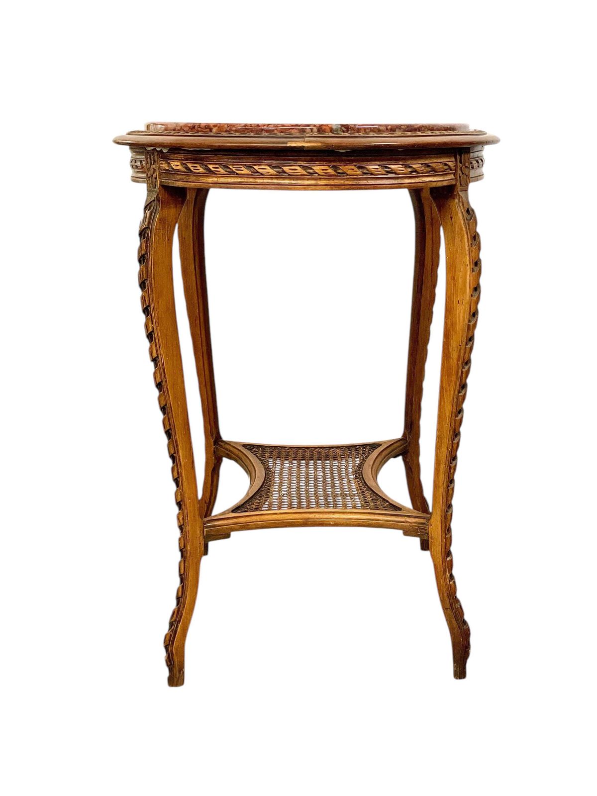 19th Century French Walnut Gueridon With Pink Marble Top And Caned Shelf photo buy