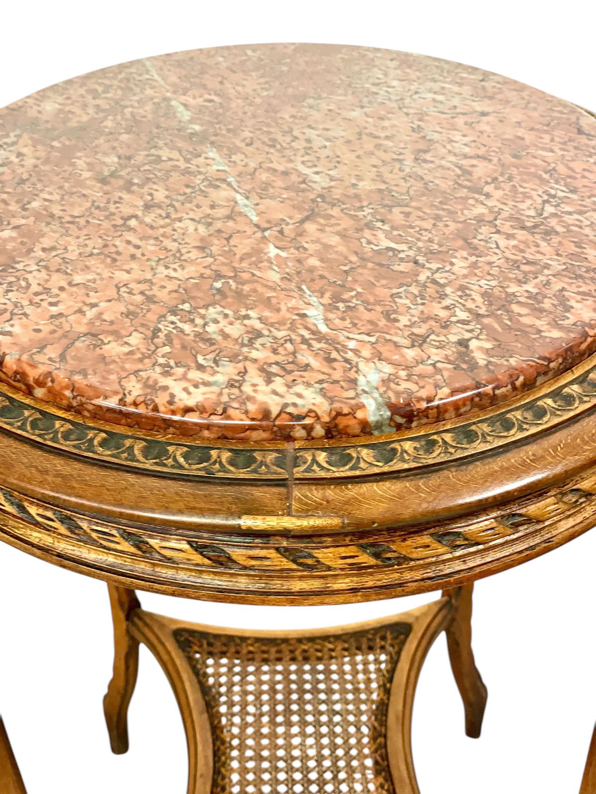 1457.0 19th Century French Walnut Gueridon With Pink Marble Top And Caned Shelf photo