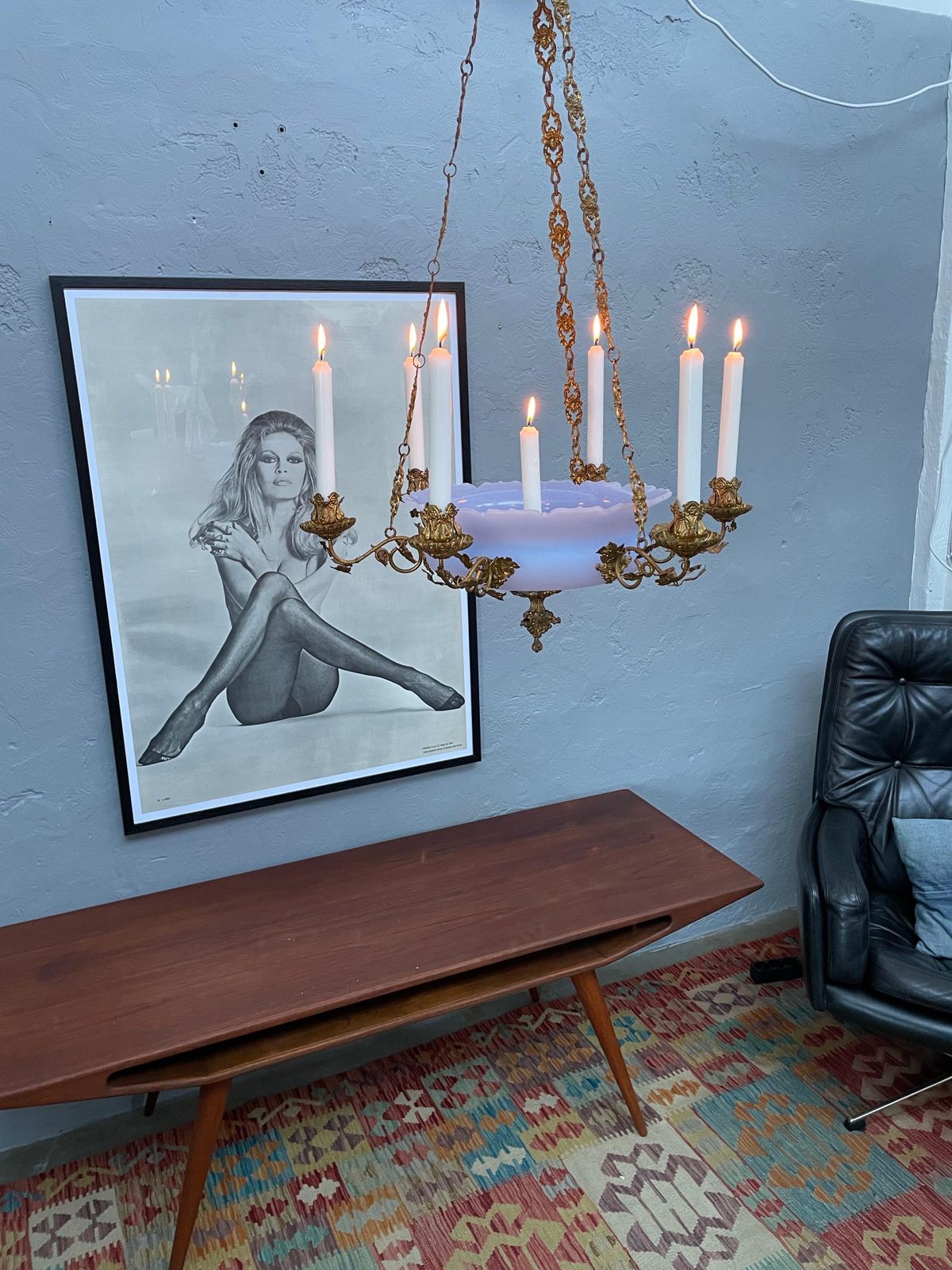 Antique Candelabra In Blue Glass And With Brass Fittings From The 1800s photo vinterior