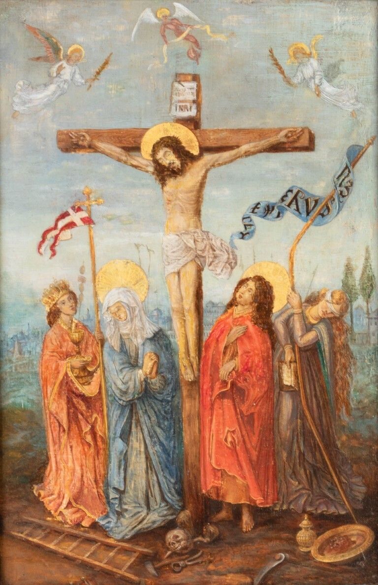 Flemish School 17th Century Crucifixion Oil Painting On Panel photo furniture