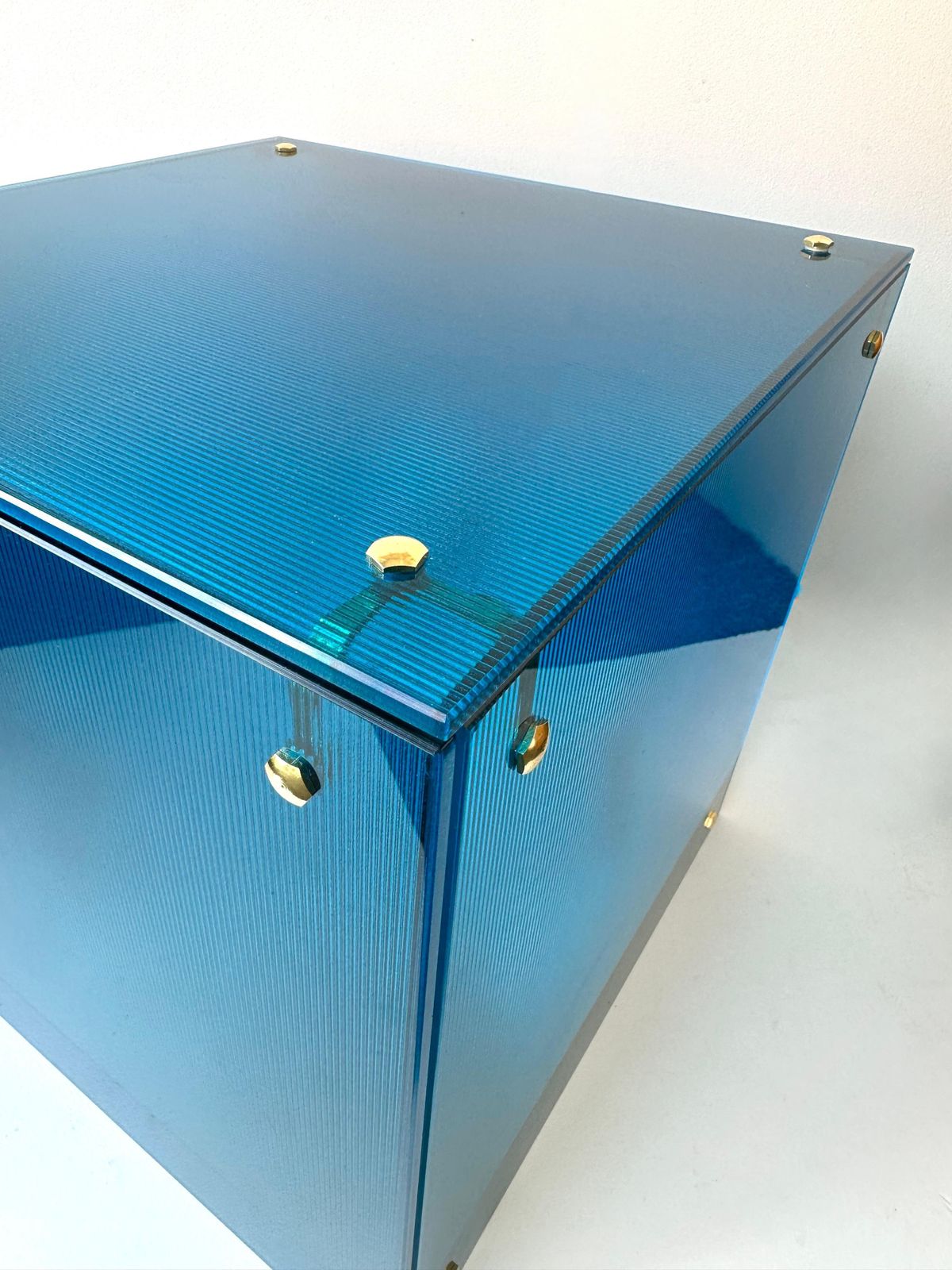 Contemporary Cube Lamp Blue Murano Glass And Brass, Italy photo vinterior