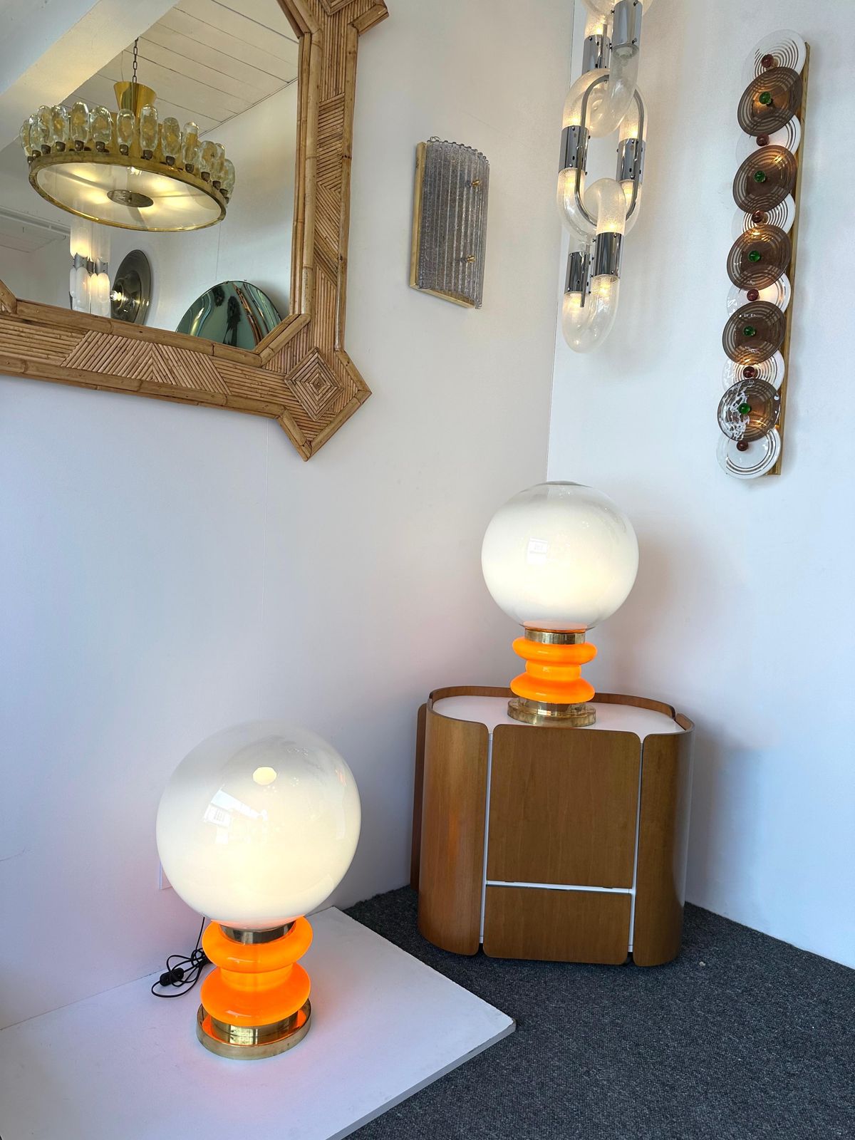 Contemporary Pair Of Brass And Orange Murano Glass Bulbs Lamps, Italy photo furniture