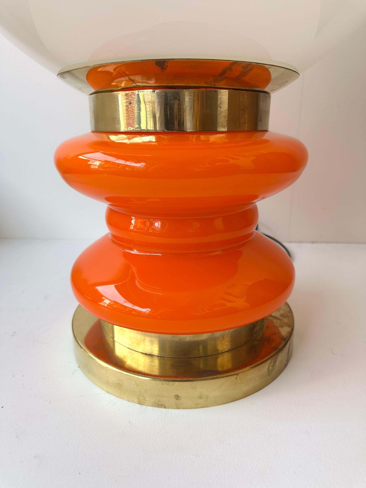 Contemporary Pair Of Brass And Orange Murano Glass Bulbs Lamps, Italy photo vinterior