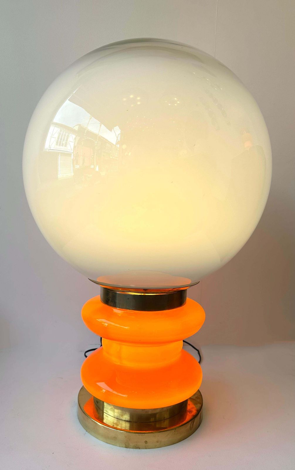 Contemporary Pair Of Brass And Orange Murano Glass Bulbs Lamps, Italy photo vintage