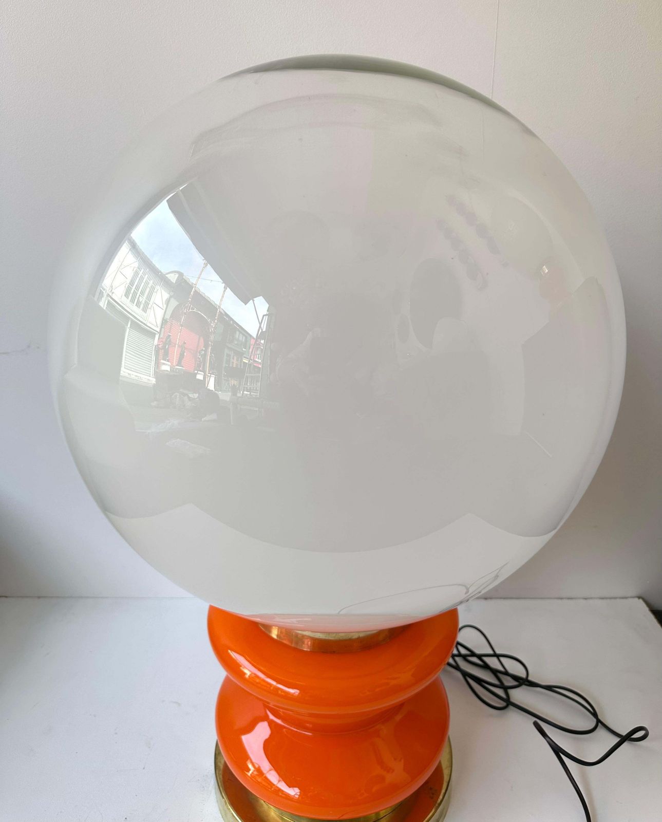 Lighting Contemporary Pair Of Brass And Orange Murano Glass Bulbs Lamps, Italy photo