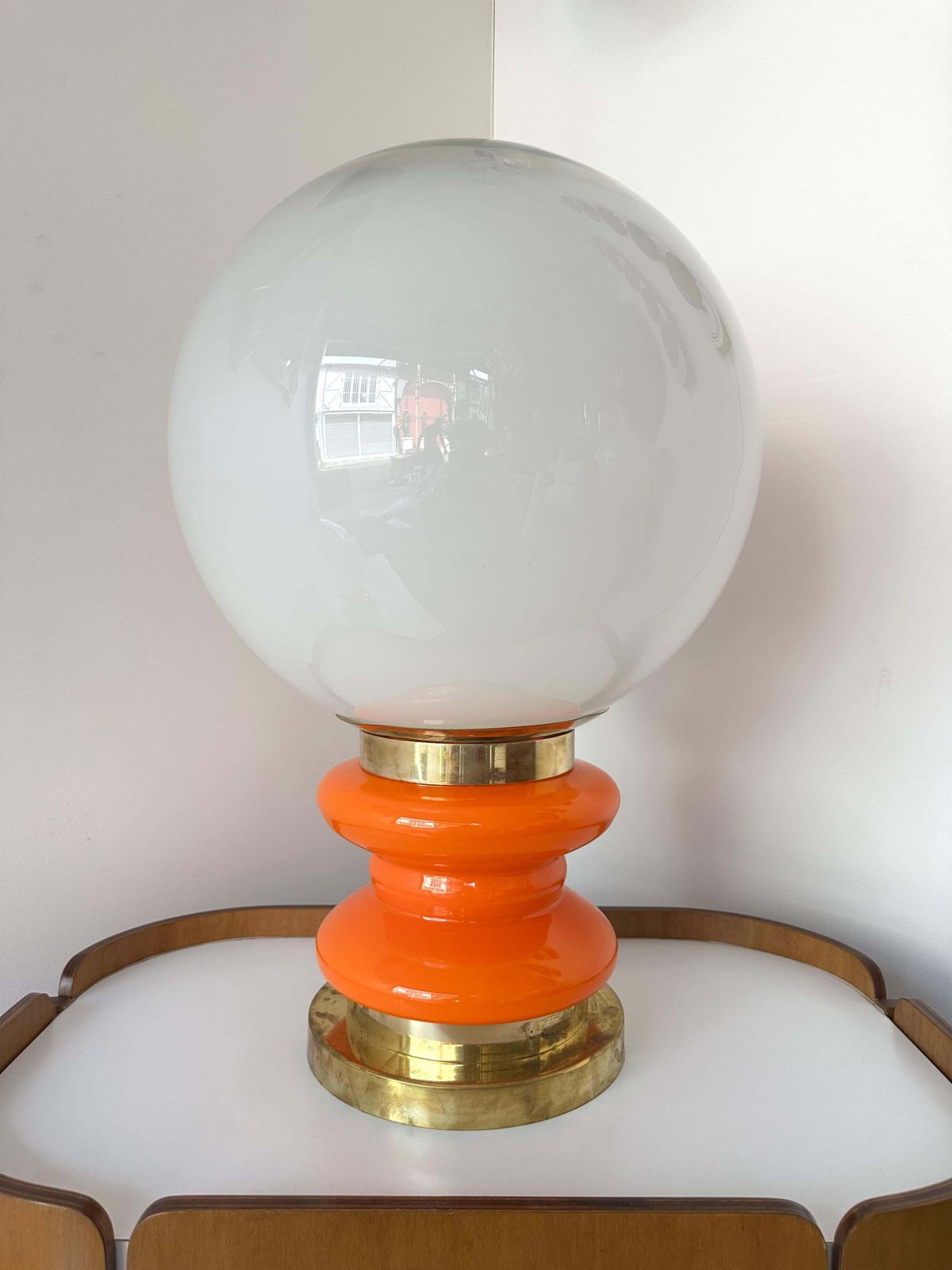 4460.0 Contemporary Pair Of Brass And Orange Murano Glass Bulbs Lamps, Italy photo