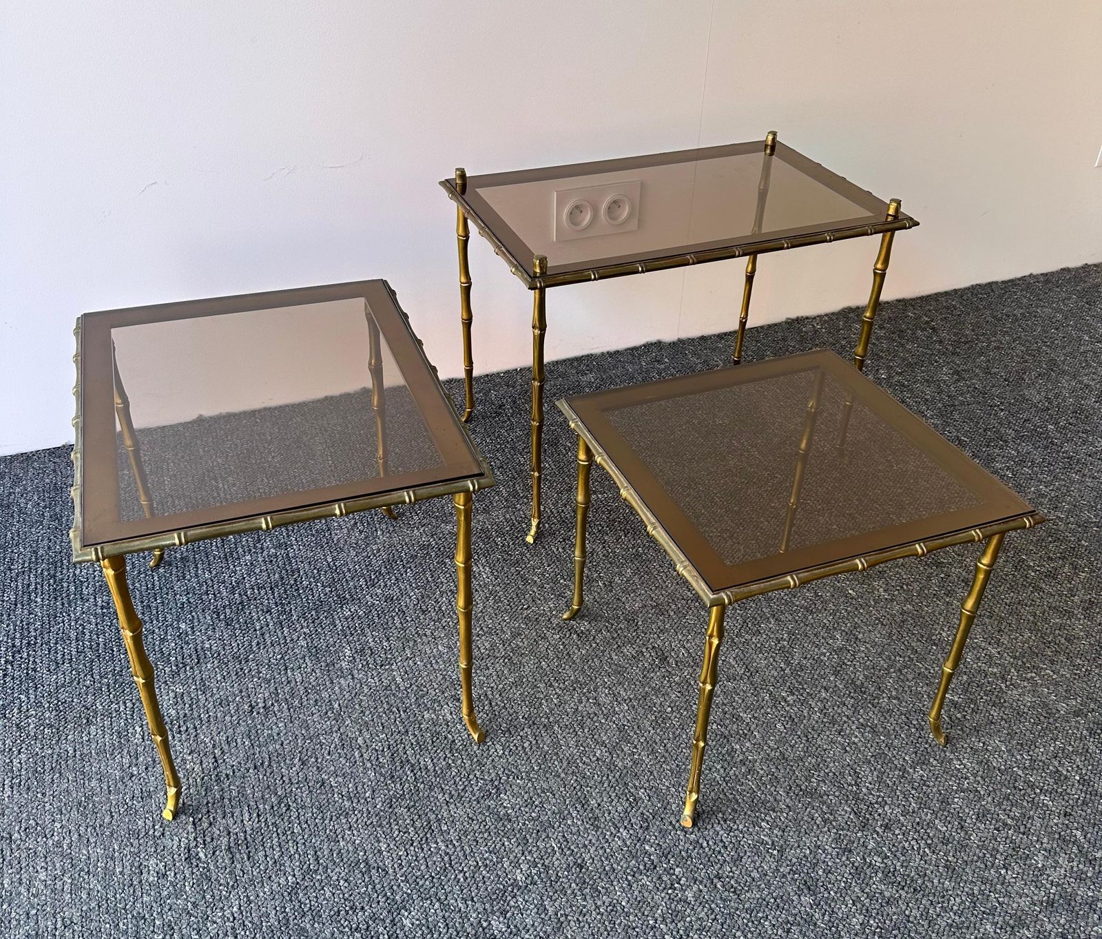 Set Of 3 Nesting Tables Bamboo Gilt Bronze By Maison Baguès. France, 1960s photo Furniture