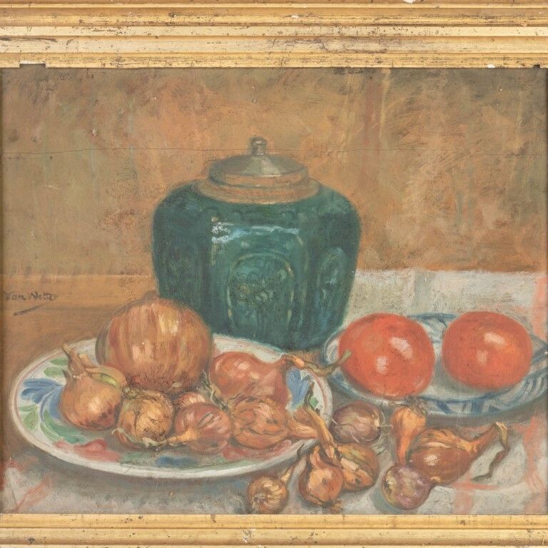 Dutch Onions & Ginger Jar Still Life Oil Painting On Panel photo furniture