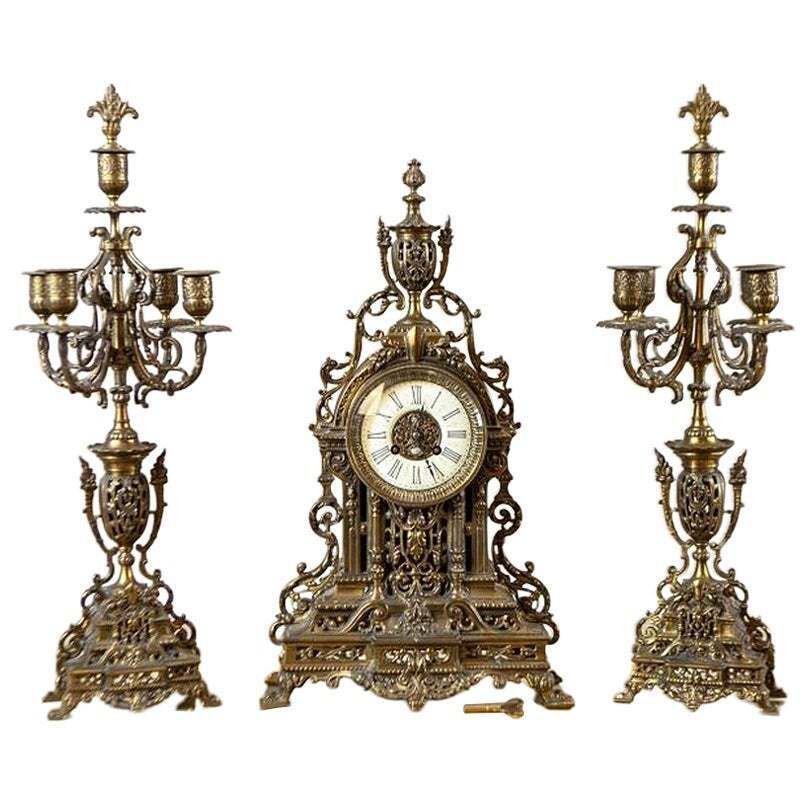Unique French Style Mantel Clock With Candelabras, Early 20th Century