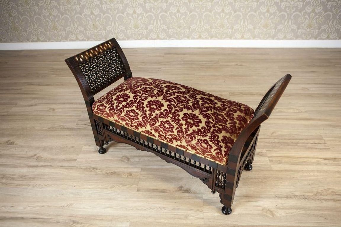 Antique 19th Century Bench Made Of Exotic Wood In Dark Brown, Upholstered photo for sale