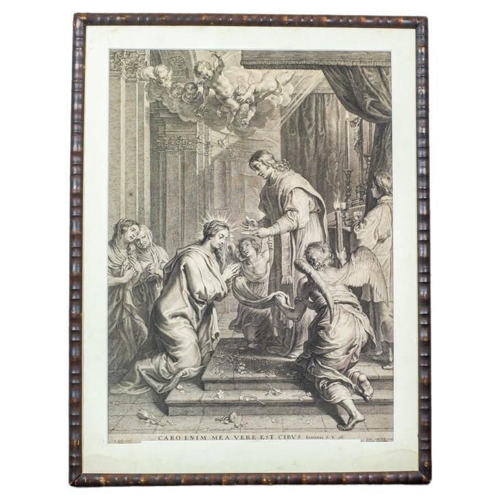 Engraving In Wooden Frame With Religious Scene   18th Century