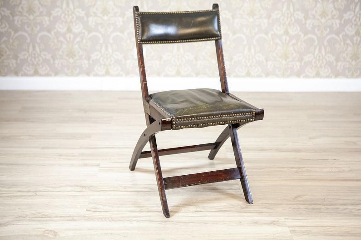 20th Century Walnut Folding Chair Upholstered With Dark Green Leather photo for sale