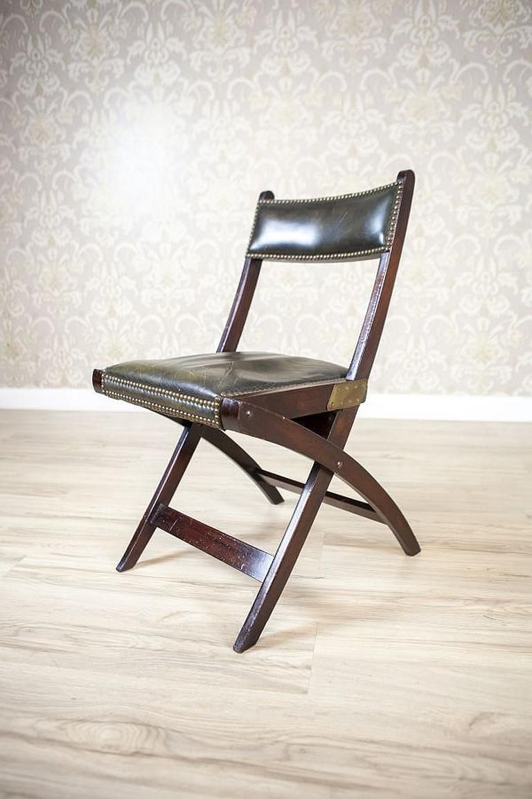 20th Century Walnut Folding Chair Upholstered With Dark Green Leather photo Furniture