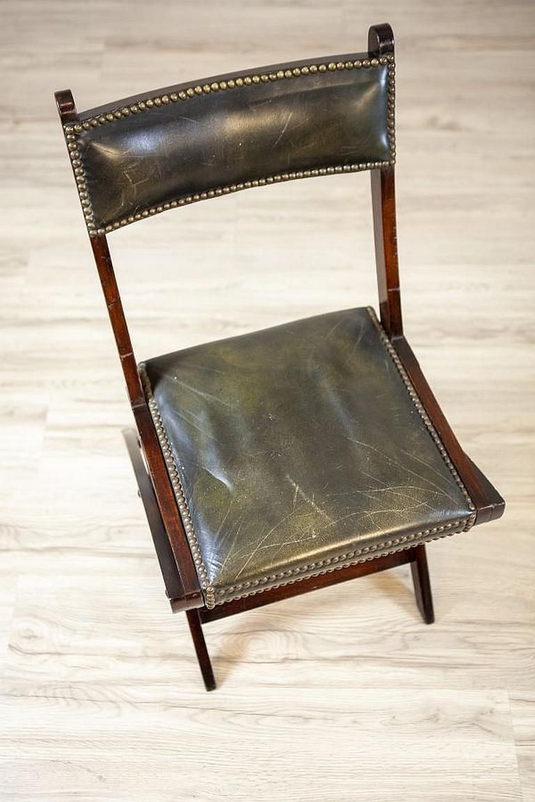 20th Century Walnut Folding Chair Upholstered With Dark Green Leather photo vintage