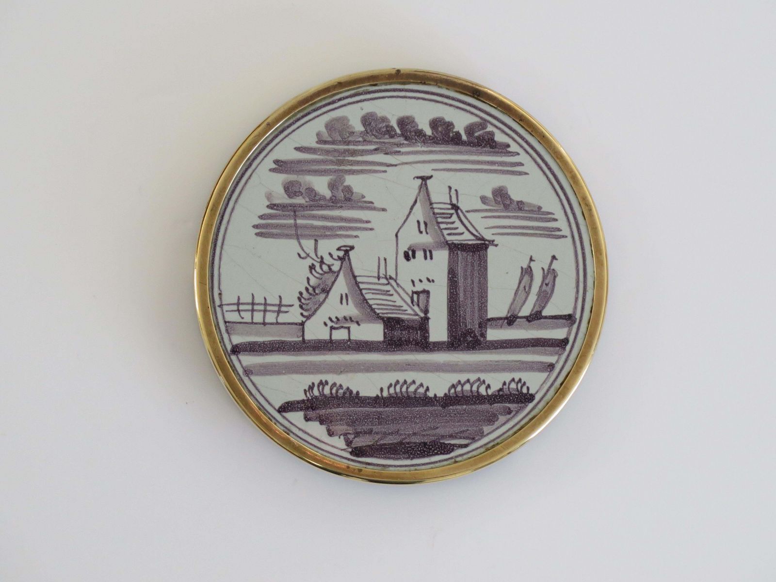 Antique 18th C Delft Manganese Tile Stand In Brass Frame With Bun Feet, Ca 1760 photo Home Decor