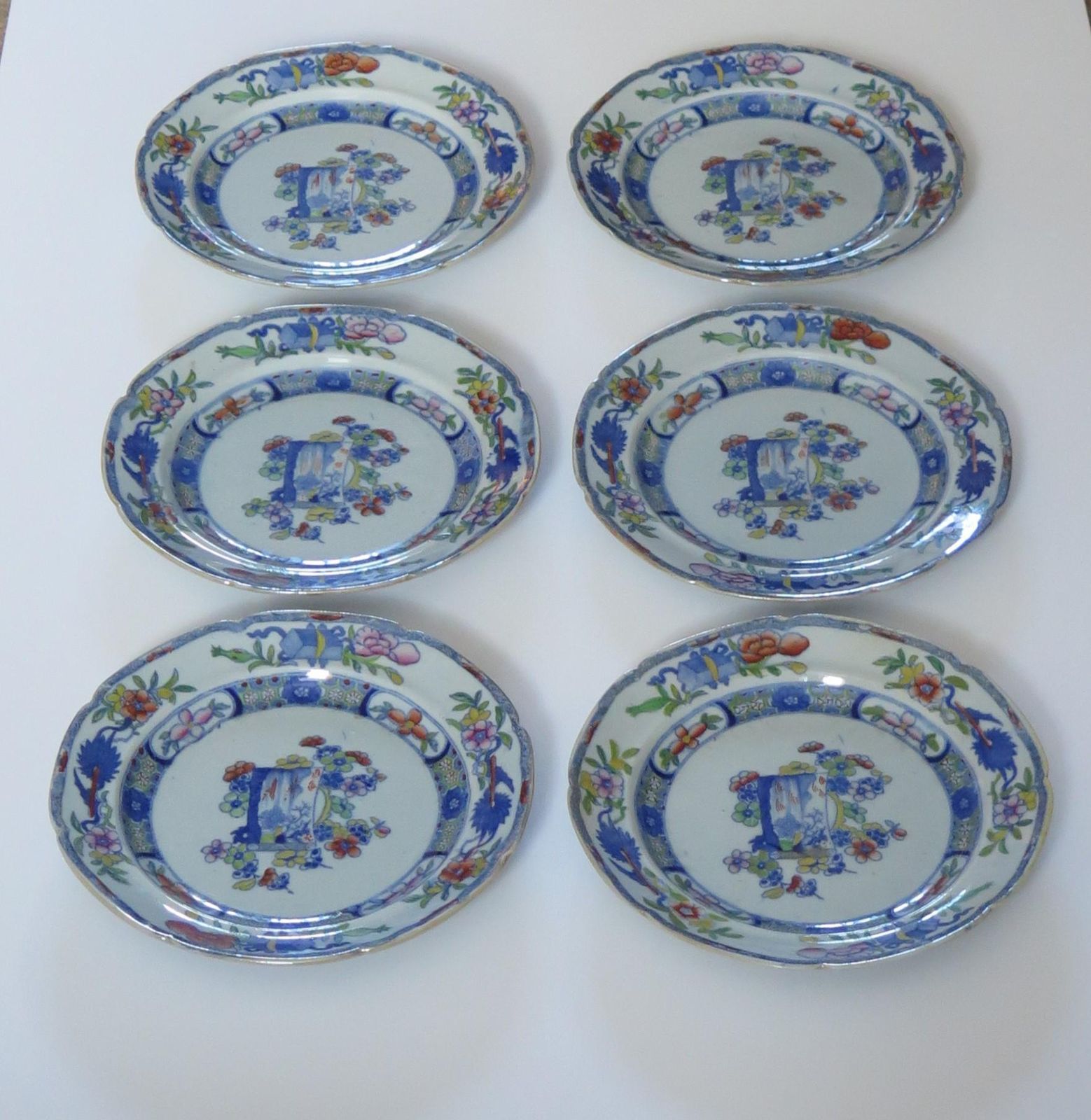 Georgian Set Of Six Masons Ironstone Desert Plates Scroll Landscape Ptn, Ca 1818 photo for sale