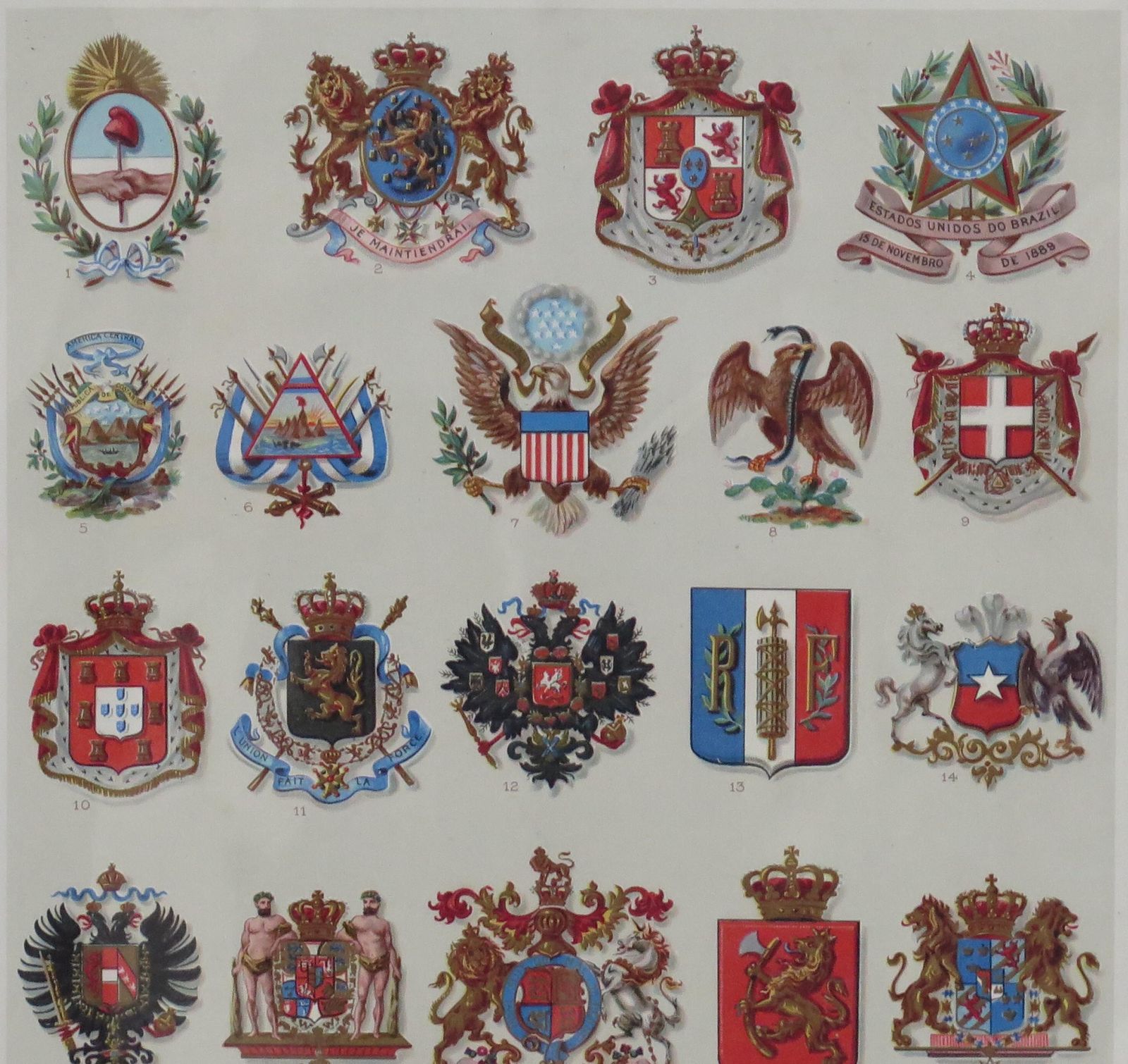 Mounted Print Of National Coats Of Arms By Tiffany & Co. From 1895 Encyclopedia photo for sale