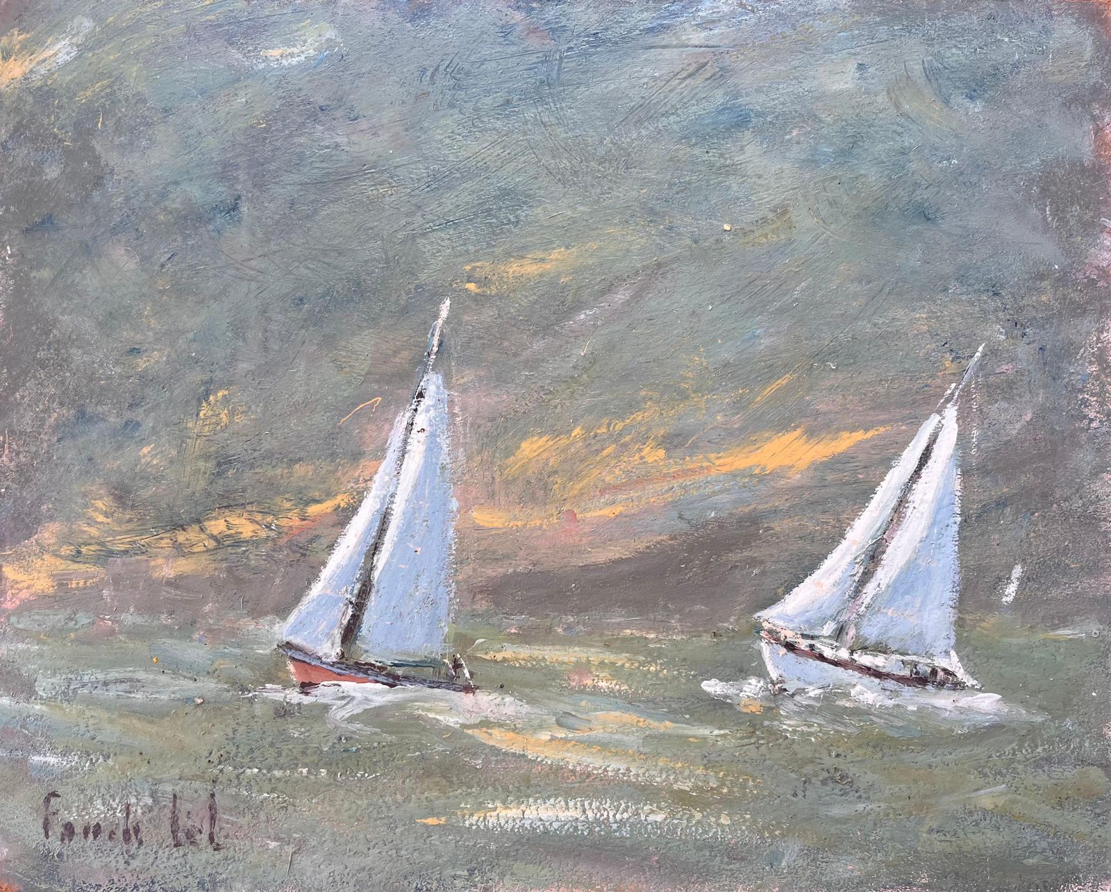French Impressionist Seascape With Two White Sailed Boats At Sunset