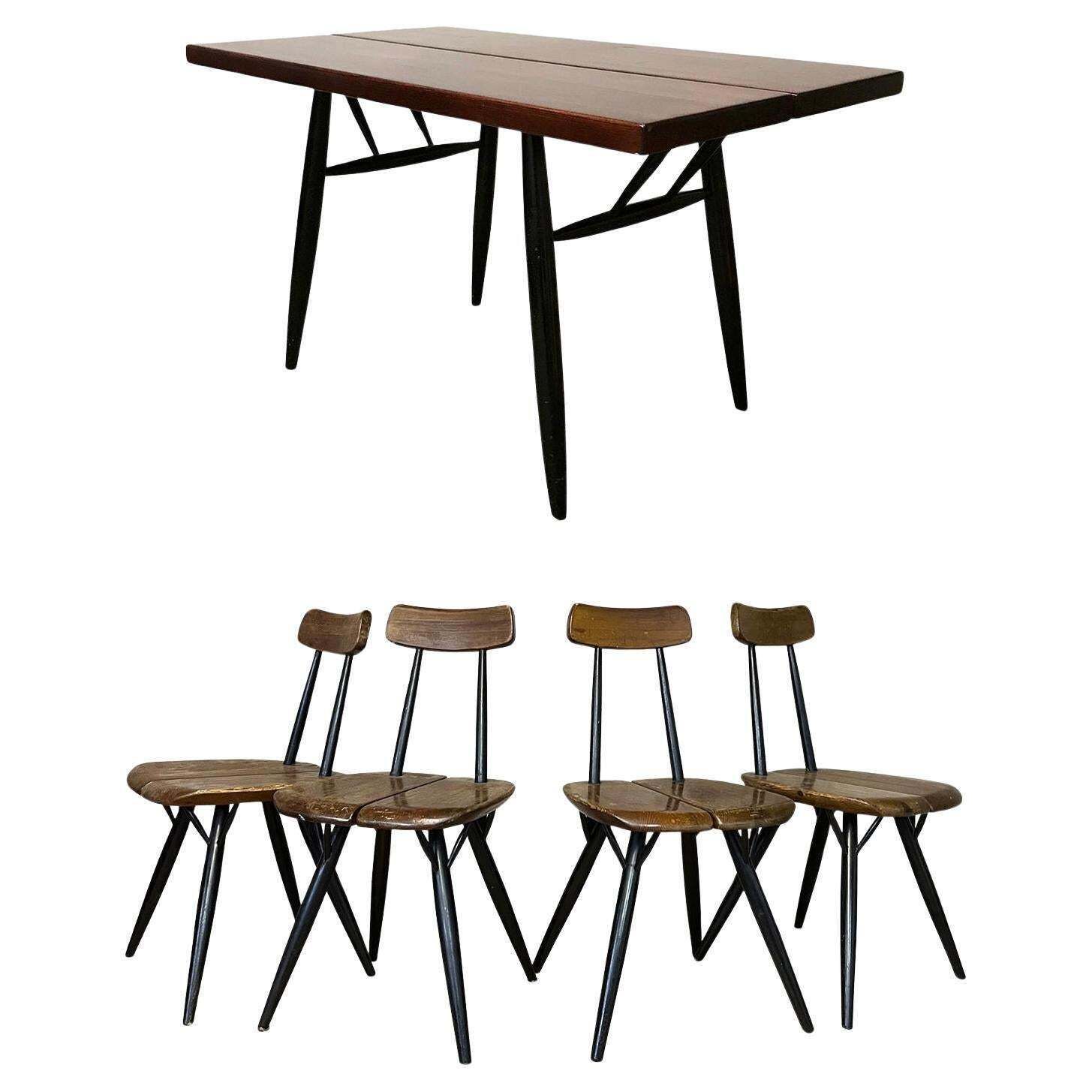 1950's, Set Of Table Red Brown Table Top And Four Pirkka Chairs By Tapiovaara