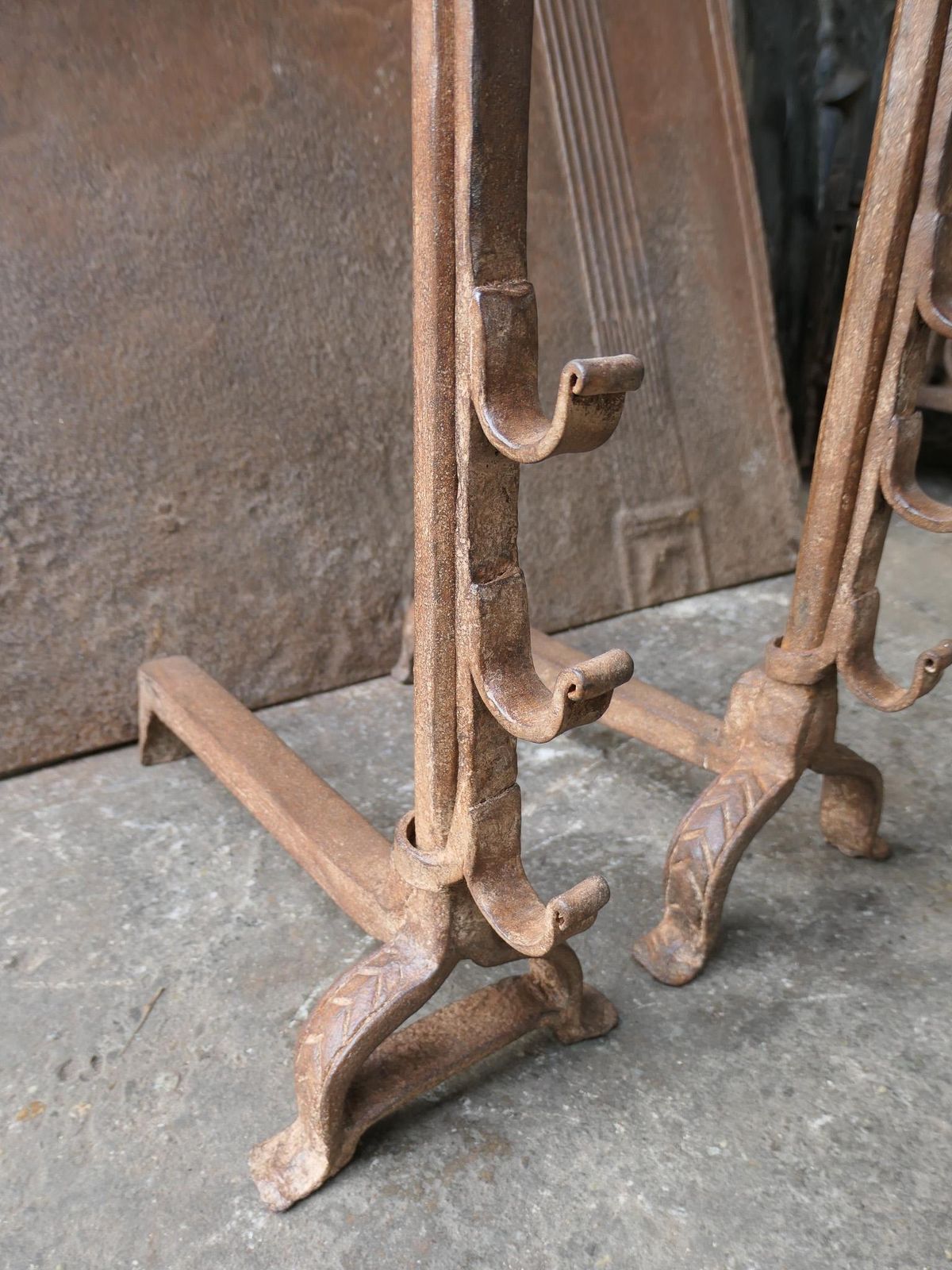 Hand Forged French Gothic Andirons Or Firedogs, 17th Century Period photo vinterior