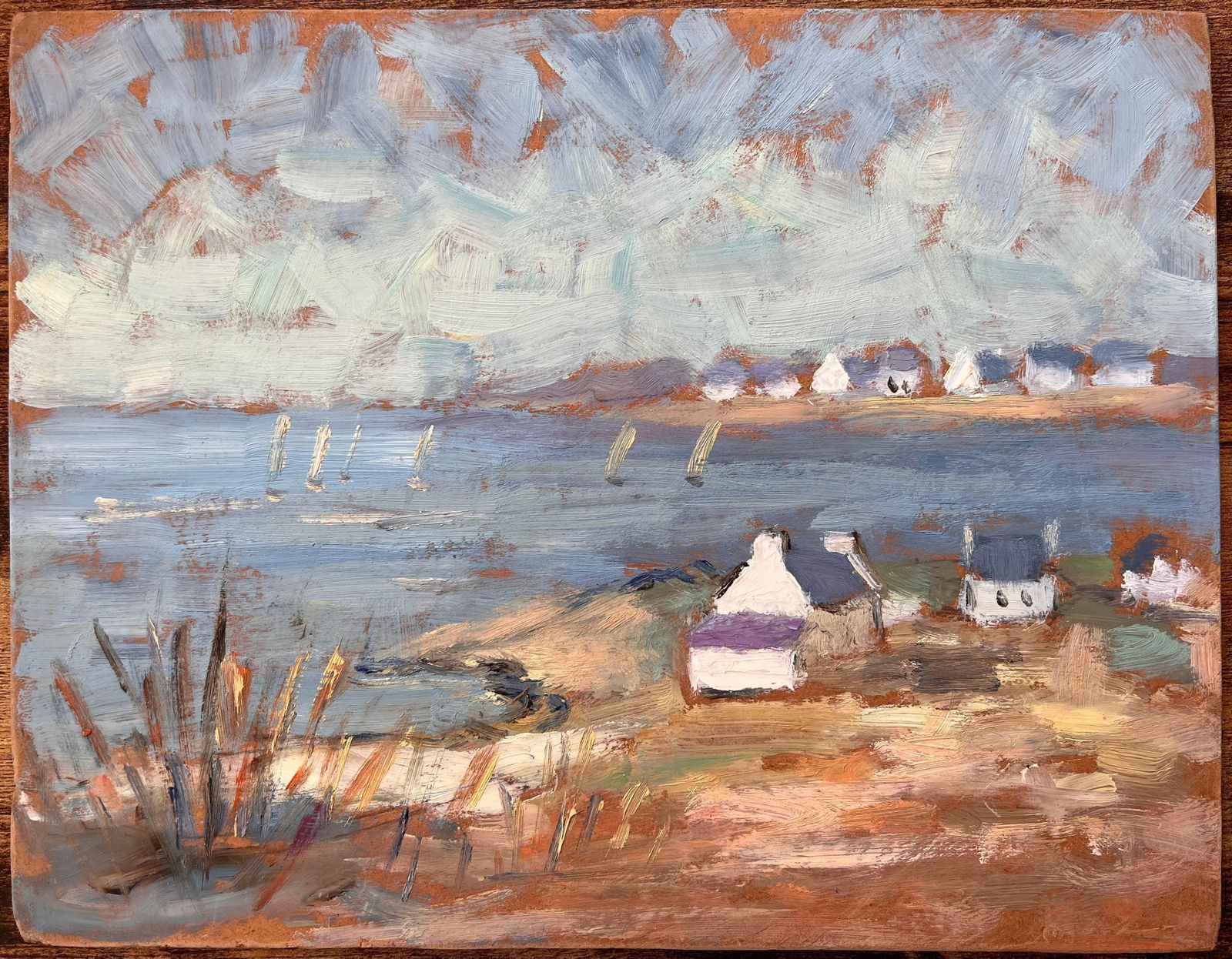 Post Impressionist French Coastal Landscape With Sailboats And Cottages photo furniture