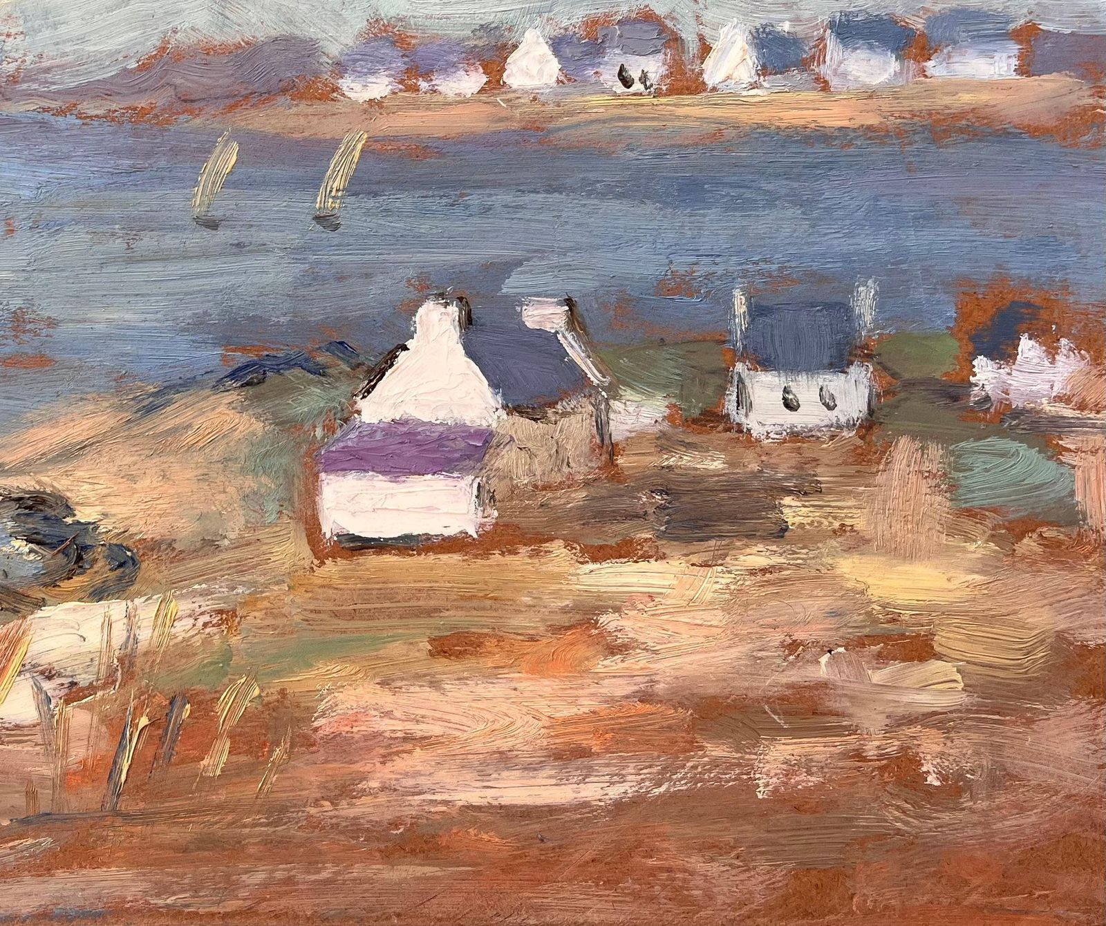 Post Impressionist French Coastal Landscape With Sailboats And Cottages photo for sale