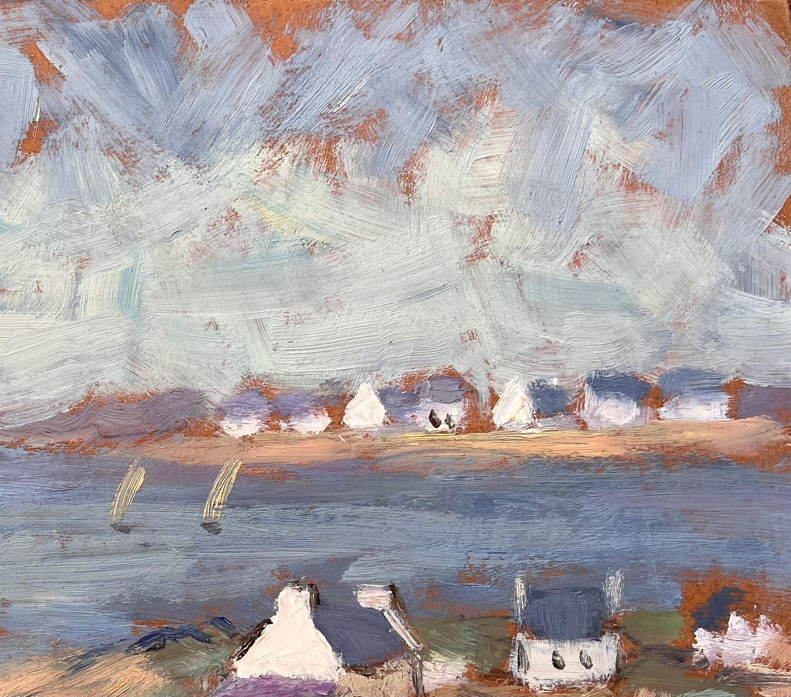 Post Impressionist French Coastal Landscape With Sailboats And Cottages photo Art