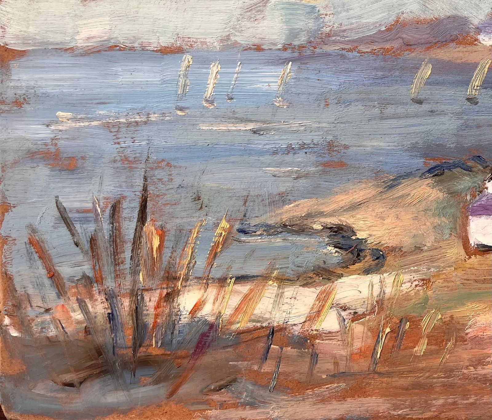 Post Impressionist French Coastal Landscape With Sailboats And Cottages photo 680.0